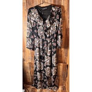Gaoye Black Floral Maxi Dress Long Sleeve Ruffle V Neck‎ Medium NEW